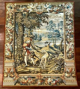 Tapestries Ltd Tapestry 18th Century Man w Dogs in Forest Angel Pedestal Border - Picture 1 of 6