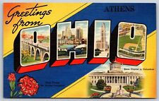 Postcard Greetings from Athens Ohio large letter linen flower capitol O128