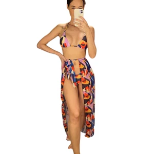 Women Swimwear Printed Halter FemaleThree-Piece Bikini Set With Sarong - Picture 1 of 11