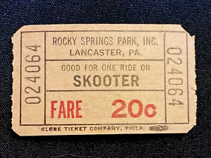 Vintage Rocky Springs Park Lancaster PA .20 Cent One Ride Fare Ticket SKOOTER - Picture 1 of 3