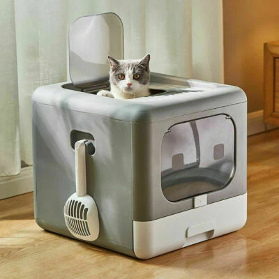 UNHO 2Way Enclosed Cat Litter Box Top Entry with Scoop Fully Pull Out Drawer