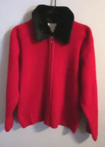 Jennifer Moore Red Zip Front Cardigan Sweater w/Removable Faux Fur Collar Size L - Picture 1 of 9