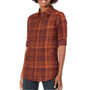 ADIDAS Women's Times Two Long Sleeve Tunic Plaid Shirt BROWN Size S/P - Picture 1 of 2