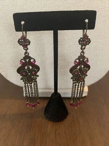 Pierced Earrings Dangle Bronze Tone Pink Rhinestones W/ Enamel 3 3/4 Inch Drop - Picture 1 of 9