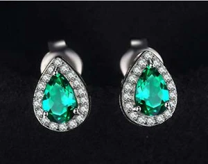 2.35ct Stud Earrings Pear Natural Emerald & Diamond Halo 14k Solid White Gold - Picture 1 of 11