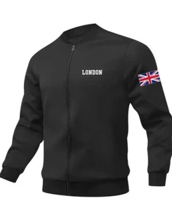 Men's London Print Full Zip Stretchy Black Jacket With Pockets And Stand Collar - Picture 1 of 6