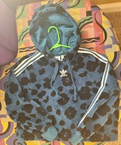 Felpa con cappuccio sherpa Adidas 3STRIPE stampa animalier nuova con etichetta XL - Foto 1 di 6