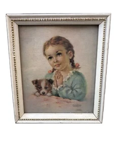 Vintage Wood Framed Little Girl Praying with Puppy by Florence Kroger (A1) - Picture 1 of 7