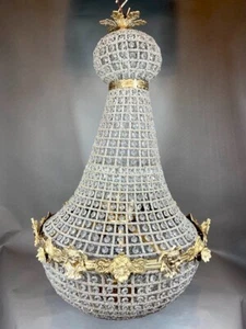 Chandelier French Louis XVI Bronze Gold Leaf Vintage Lady Face Crystal Lighting - Picture 1 of 9