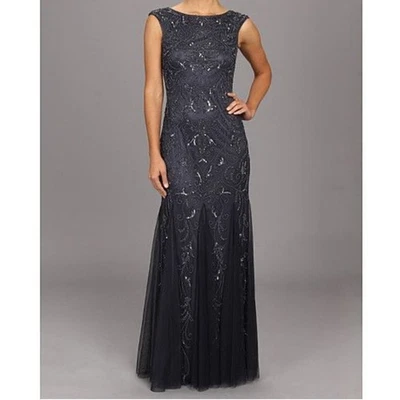 Adrianna Papell Blue Beaded Gown Womens 4P Formal Maxi Dress Box Pleat Prom - Image 1 of 4