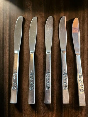 Oxford Hall OXH3 Stainless 5 Knives Rose Burnished Japan Flatware 8" - Image 1 of 3