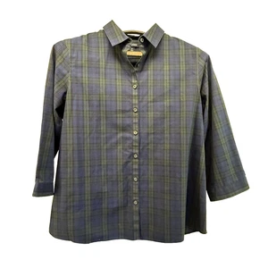 Lands End No Iron Supima Shirt Womens 14 Black Watch Plaid Cotton Button Up - Picture 1 of 14