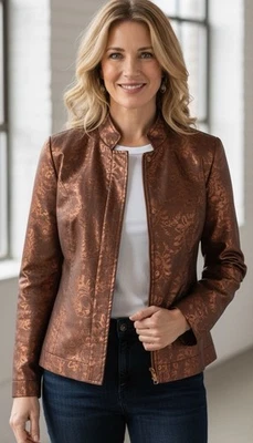 Chicos size 2 Women’s collarless copper brocade silk linen jacket Lagenlook - Image 1 of 4