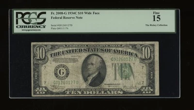 DBR 1934-C $10 FRN Wide Chicago Fr. 2008-Gw PCGS 15 Serial G01260127D - Image 1 of 2