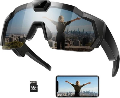Smart Camera Glasses for Action Sports, HD Video Recording with Black  - Image 1 of 4