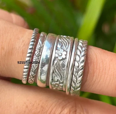 Stacking Rings Set, 925 Sterling Silver Ring, Set Of 6 Rings, Handmade, All Size - Image 1 of 4