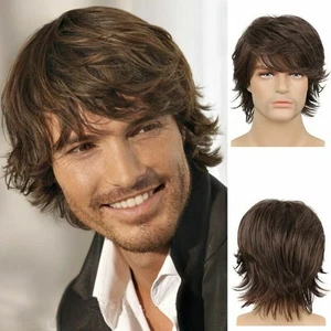 Mens Wig Brown Toupee Short Natural Wavy Capless Hair Toupee wigs+Free wig cap - Picture 1 of 4