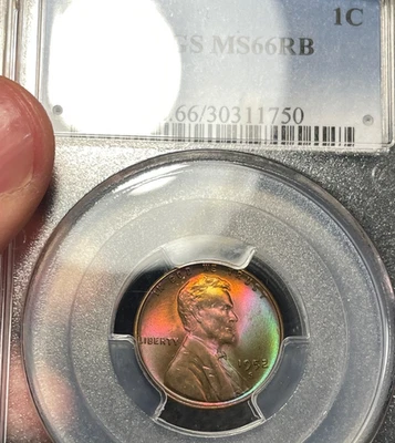 (#102107) Lincoln Cent: 1952-S.  PCGS MS 66 RB.  MONSTER TONING!  (see video!) - Image 1 of 4