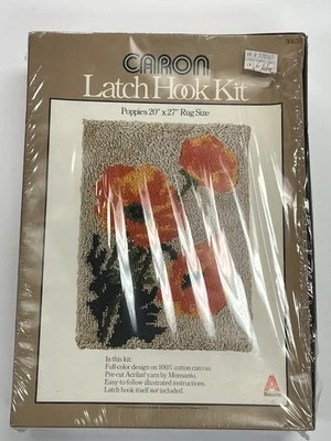 Caron Latch Hook Kit Poppies.  VTG 1977 NEW 20x27" HOOK NOT INCLUDED - Image 1 of 4