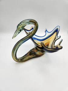 Vintage mundgeblasene Wirbel blau Murano Stil Glas Schale Schwanenform Herzstück - Bild 1 von 3