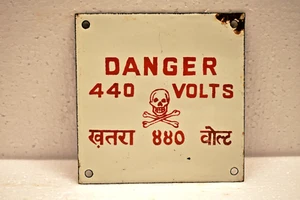 Vintage Enamel Danger Sign 440 Volts Skull Crossbones Hindi English 6x6 Inch "05 - Picture 1 of 4