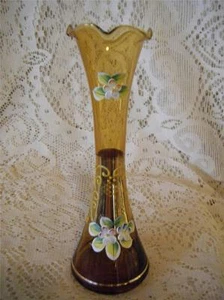 Vintage handbemalte Bernstein Böhmische Tschechische Kunst Glas Emaille vergoldet gekräuselte Knospe Vase - Bild 1 von 12