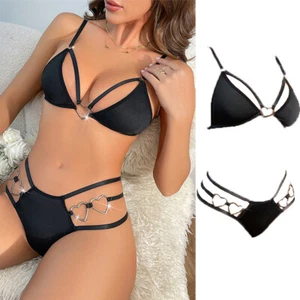 Women's Heart Ring Lingerie Set Sexy Spaghetti Straps Bra and Panty 2Pcs Sets - Picture 1 of 37