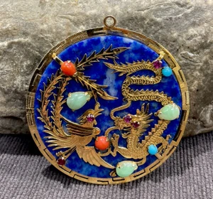 14K Gold & Lapis Lazuli Good Luck Fortune Pendant or House Charm with Gemstones - Picture 1 of 2