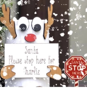 Personalised SANTA STOP HERE Wood Xmas Reindeer Eco Indoor Outdoor Fun Cute Sign - Picture 1 of 5