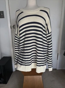 Madewell Greensboro Button-Back Sweater ivory navy Stripe XL Cozy Soft Warm - Picture 1 of 10