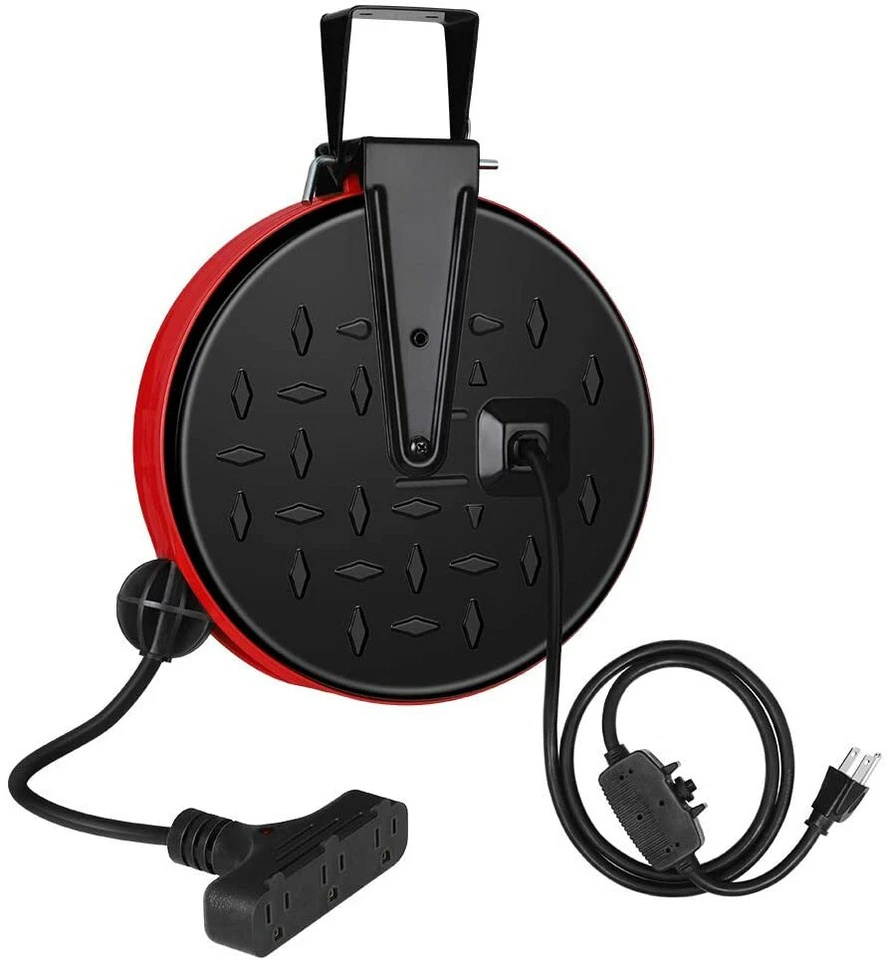 Dewenwils 30 FT Retractable Extension Cord Reel 3 Electrical Outlets 16/3 Red