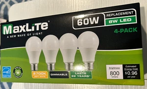 Maxlite Dimmable LED 8W Daylight Light Bulb A19 60W replacement 5000K- 4 PACK - Picture 1 of 3