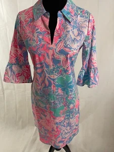 LILY PULITZER DRESS WITH COLLAR AND 3/4 RUFFLE SLEEVE LINED SIZE O PINK/BLUE - Picture 1 of 8
