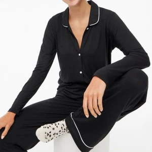 J Crew NWT $119 Drapey Knit Long Sleeve Pajama Set in Black and White | Sz L - Picture 1 of 7
