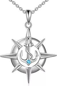 Compass Necklace Sterling Silver Anchor Pendant Graduation Travel Gift for Women - Picture 1 of 6
