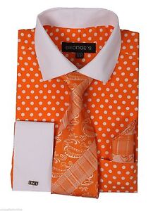 Men's George Orange White Polka Dot Design Dress Shirt with French Cuff #613