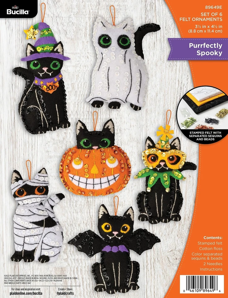 Bucilla Felt Ornaments Applique Kit Set Of 6 Purrfectly Spooky 89649E