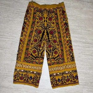 Zara Trafaluc Embroidered Knit Boho Pants Mustard Womens L Floral Roses Wide Leg - Picture 1 of 10