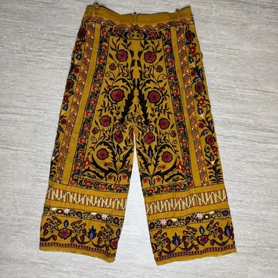 Zara Trafaluc Embroidered Knit Boho Pants Mustard Womens L Floral Roses Wide Leg - Image 1 of 4