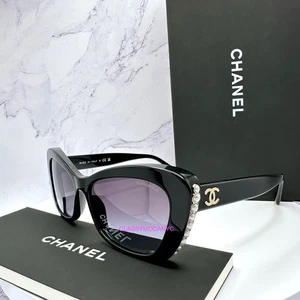 New CHANEL Sunglasses Black Gold CC Logo White Pearls 100% Authentic Gradient - Picture 1 of 18