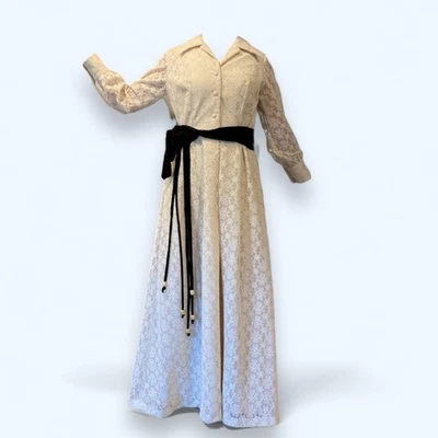 Maxi Vestido Boho Hippie Vintage Años 60 Marfil Crema Encaje Marrón Terciopelo Talla Mediana  Foto 1 de 4