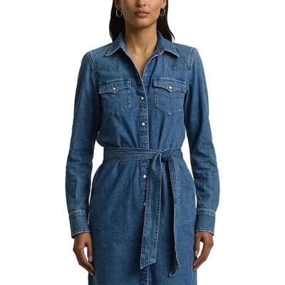 Lauren Ralph Lauren Blue Denim Belted Shirt Dress S Midi Pockets Cotton - Image 1 of 4