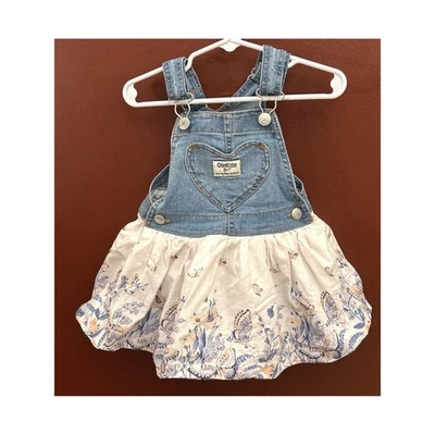 Y2K OshKosh B'gosh Toddler 2T Denim Heart Jumper Dress Floral Butterfly Skirt - Image 1 of 4