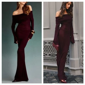 NWT SER.O.YA Maxi Dress Galleria Knit Off Shoulder Merlot Burgundy Brown size S - Picture 1 of 12