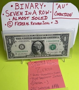 Seven of a Kind,ZEROS Binary,C00003000B S0LID 2021 FANCY SERIAL NUMBERS FED=3 $ - Picture 1 of 19