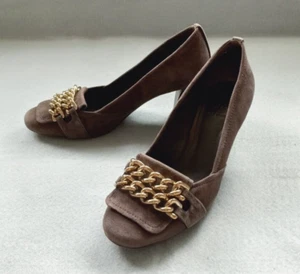 Tory Burch  Women's 6.5M Brown Suede Leather Pumps Block Heel Chain Shoes - Picture 1 of 12