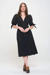 Jade By Jane Button-Down Puff Sleeve V-Neck Midi Dress with Pockets in 2 Colors - Picture 1 of 28