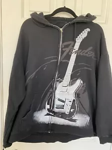 Vintage Fender Guitar Hoodie Y2K Full Zip Black XL DaVinci Rock & Roll - Picture 1 of 6