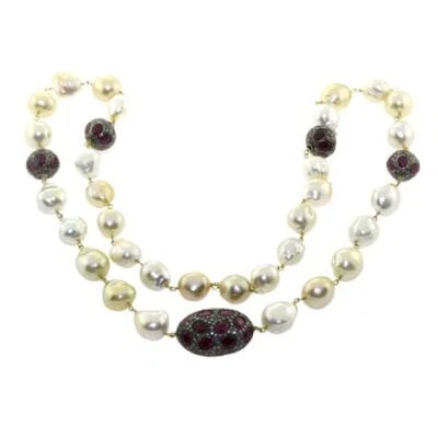 343ct Perla Diamante Rubino Perline Matinée Collana 925 Storno Argento - Immagine 1 di 4