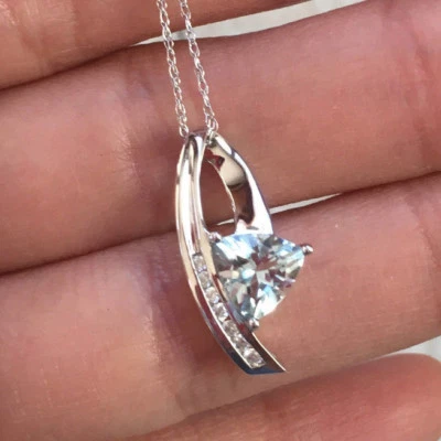 10k White Gold Natural Aquamarine Diamond Journey Pendant Necklace  - Image 1 of 4